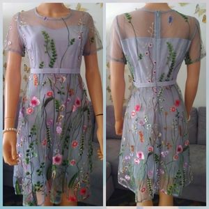 Embroidered Floral Gray Mesh Dress 8 NWT
